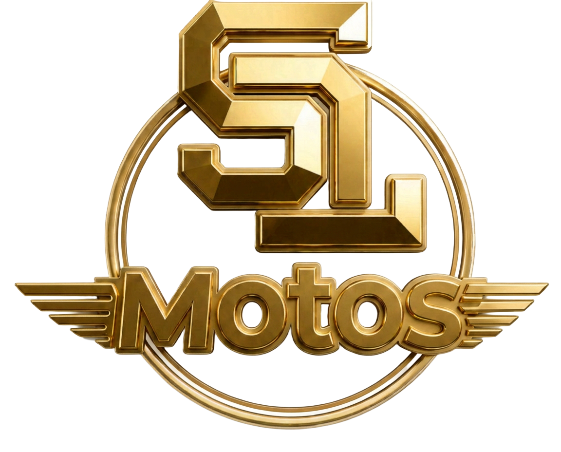Logo SL Motos em dourado sobre azul marinho